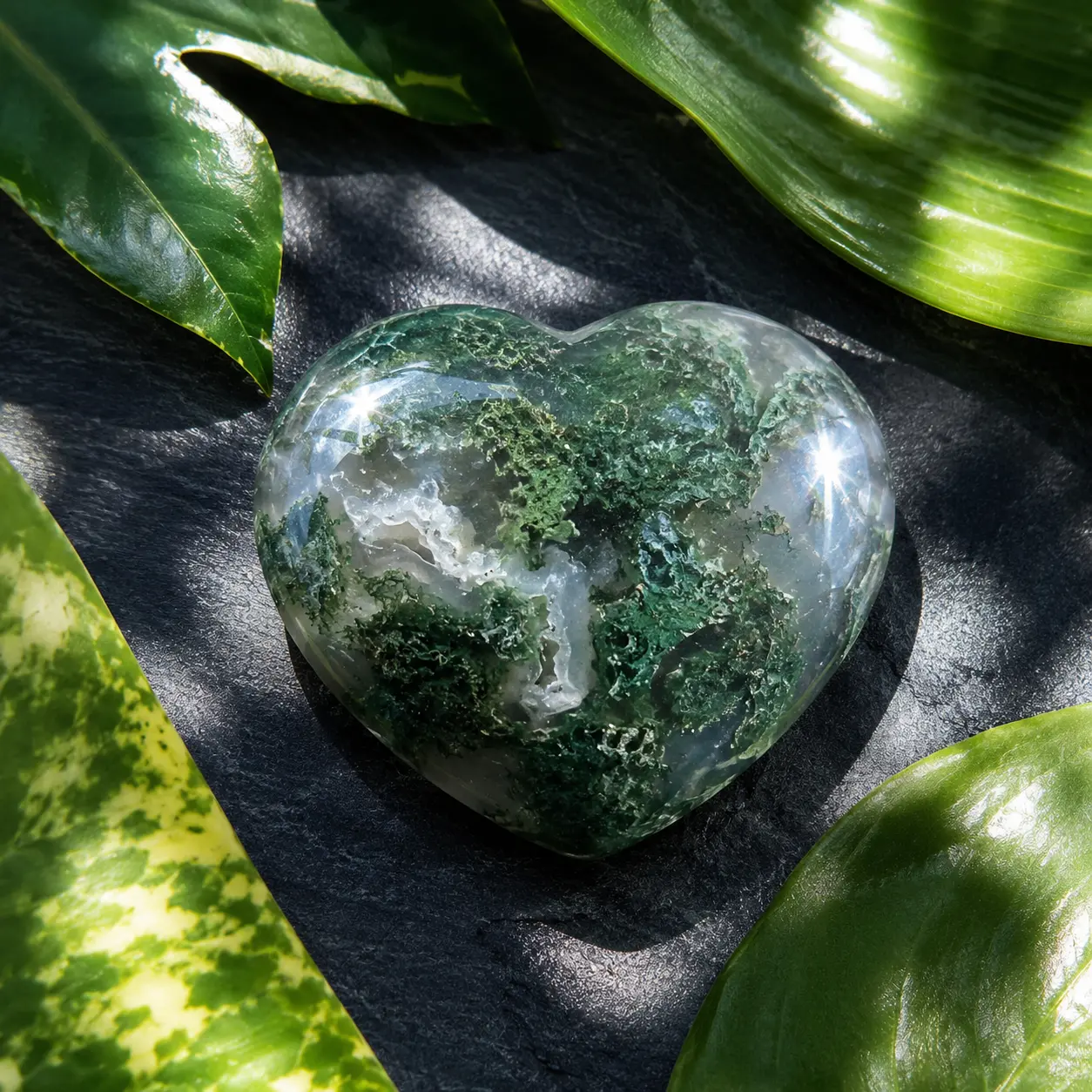 Stargate Premium Natural Moss Agate Heart - Botanical Gemstone Palm Stone (1 Pc, Approx. 5.5-6.5cm)