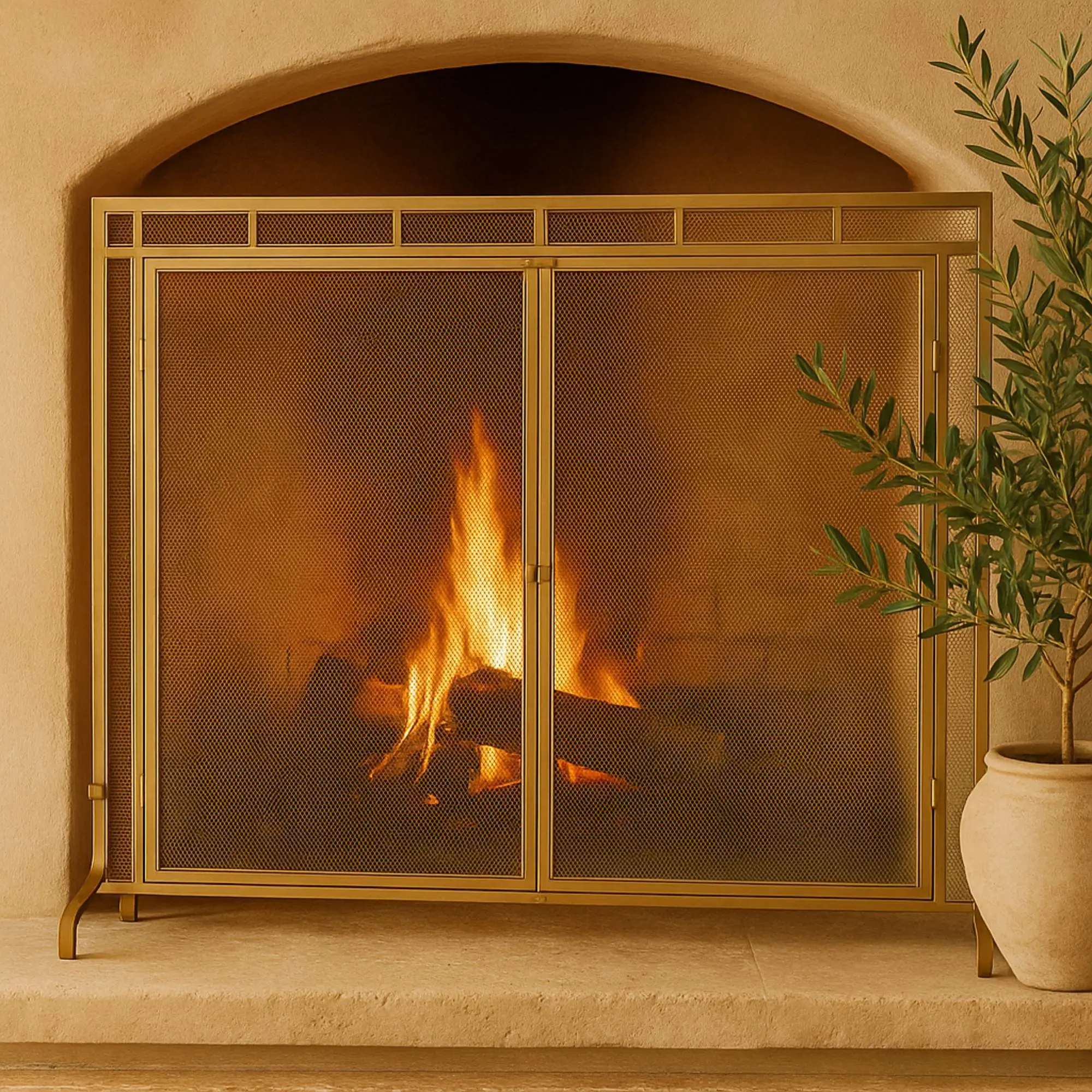 Fireplace Screen, Gold Metal Geometric Single-Panel Living Room Iron Frame Rectangular Mesh Backing Ember Blocker with Latched Doors