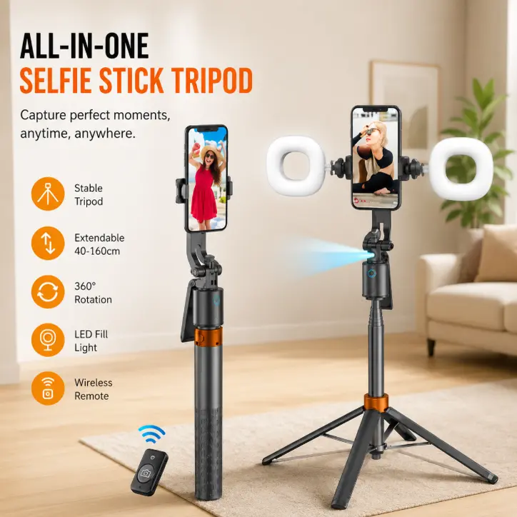 360° Rotatable Selfie Stick Tripod with Smart Auto Face Tracking, 2 Fill Lights, Remote Control, Cellphone Grip for Mobile Recording