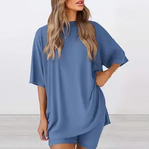 Women's Summer Two-Piece Set Casual Oversized Crewneck Shirts Side Pocket Outfit Basic Lounge Womenswear Clothes