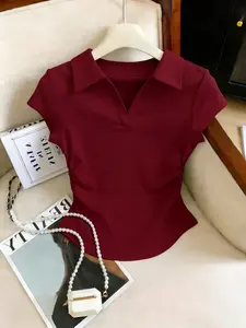 Women's 2026 4 Pcs Solid Color Slim Fit Polo Top Set，Trendy Y2K Cute Aesthetic V Neck Short Sleeve Tees，Viral TikTok Coquette Preppy Style Fashion for Daily Streetwear & Office Look，Versatile Outfits for Summer, Going Out, Work & Layering