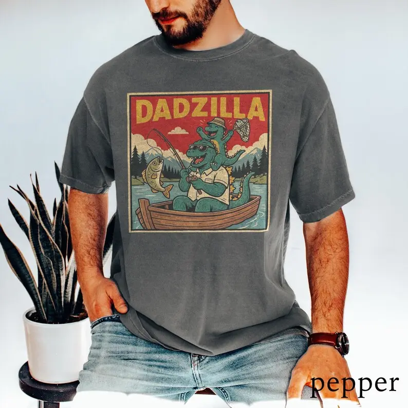 Comfort Colors Dadzilla Fishing Fathers Day Graphic Tee, Funny Dinosaur Dad Lake Fishing Humor T-Shirt, Dad Gift Tee