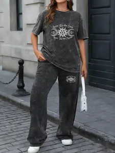 Spring & Summer Plus Size Sports Two-Piece Set with Patchwork Print, Tie-Dye Washed Vintage Short Sleeve T-Shirt and Wide-Leg Pants, Plus Size Women's Jogging Outfit