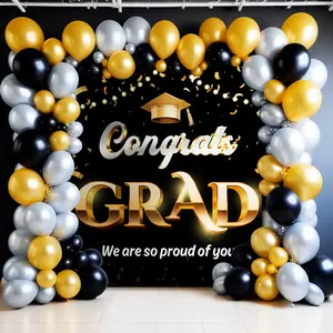 185 Pcs Congrats Grad Balloons Backdrop Set Indoor Banner and Grad 2025 Party Grad Decor High School College Diploma Cap Background Decorations Supplies Set pack for Women Men 60x70 Inch