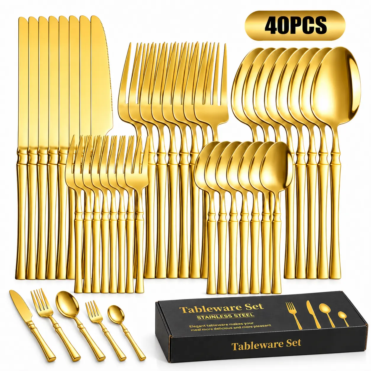 40-Piece Stainless Steel Cut Dinner Sets, Mirror-Polished Cutlery (Knives, Forks, Spoons, Teaspoons, Dessert Forks) with Rounded Curves, Party-Ready, Durable, Stylish, Modern, Dishwasher-Safe Kitchenware - No Gift Box Included