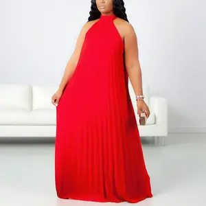Echoine Women's Plus Size Plain Maxi Dresses Sleeveless Halter Neck Chiffon Pleated Loose Flowy Long Summer Beach Dress Casual Womenswear Womenswear Fashion Lightweight Solid Red Bohemian Strappy Clothes prom dress wedding guest dress prom dresses formal