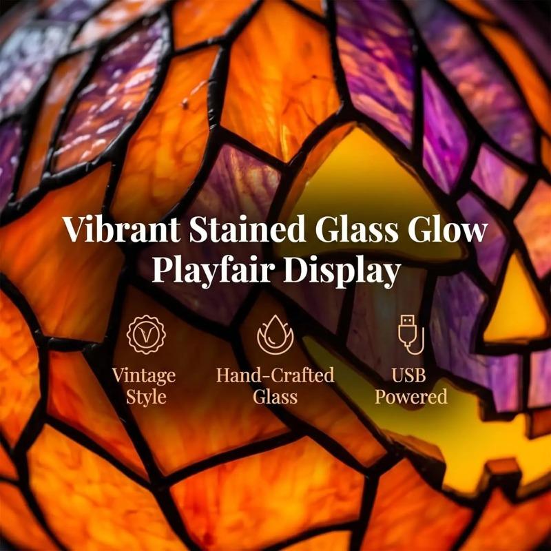 Halloween Christmas Stained Glass Pumpkin Table Lamp, Vintage Tiffany Style Jack O Lantern Pumpkin Night Light, Retro Decorative Desk Lamp for Holiday Party Home Bedroom Dining Table Ornament Gift, holloween decor