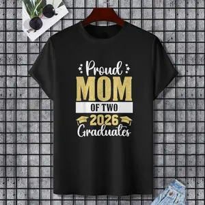 Proud Mom of Two 2026 Graduates Senior Mom Of Graduate Twins T-Shirt, 100% Cotton, Single Side Printed, Black Short Sleeve T-shirt, Gift for Family Friends, S-XXXL, 1 pc, Fabric Weight 180g