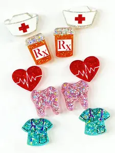 Nurse Holiday Gift Jewelry Heart Sparkle Small Stud Earrings, Preppy Style Acrylic Chain, All Season Wear, No Choking Hazard