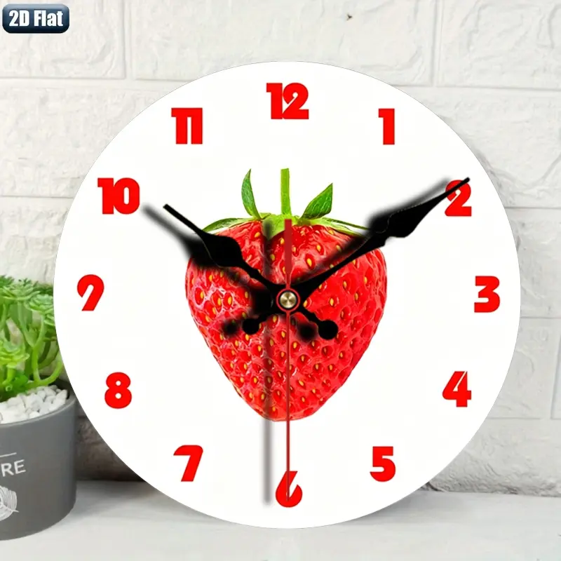 2D flat design. 1-piece set, white background strawberry print wall clock, silent decoration wall clock, creative wall clock, suitable for bedroom, living room, office decoration, 25/30cm (excluding AA batteries), 2D flat version