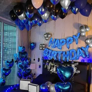 52pcs Blue Birthday Party Decoration Kit with 'Happy Birthday' Banner, Latex Balloons, Heart-Shaped Foil Balloons, Glue Dots, and White Ribbon birthday balloon foil balloon party decoration birthday decoration