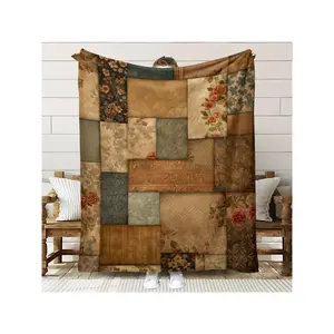 Vintage Floral Patchwork Throw Blanket in Warm Earthy Hues