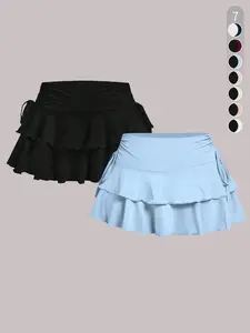 Women's Solid Color Ruffle Trim Tie Side Bubble Skirt, Casual Fashion Short Skirt for Daily Outdoor Wear, Ladies Bottoms for Summer