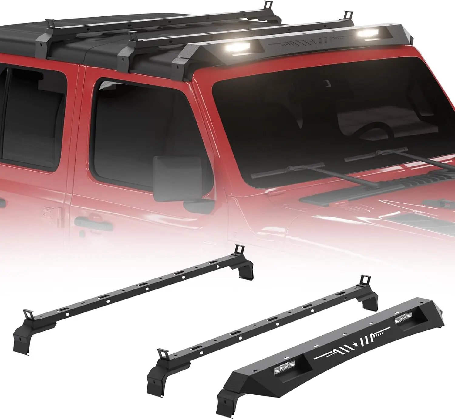 Heavy Duty Steel Star Pattern Car Roof Rack - 3 Crossbars, 350 lbs Capacity Cargo Basket Luggage Carrier, 2x39W Square Lamps, Load Support, Easy Installation, Aerodynamic Design for 2007-2024 Jeep Wrangler JK/JL Unlimited & Gladiator JT Hardtop