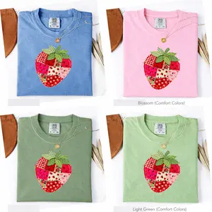 Comfort Colors (PRINT)  Strawberry T-Shirt, Patchwork Quilted Farmhouse Berry Tee, Rustic Gingham Floral Cottagecore Aesthetic, Vintage Tee