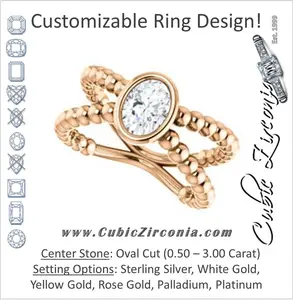 Cubic Zirconia Engagement Ring- The Maria Leeslii  (Customizable Bezel-set Oval Cut Solitaire with Wide Beaded-Metal Split-Band)