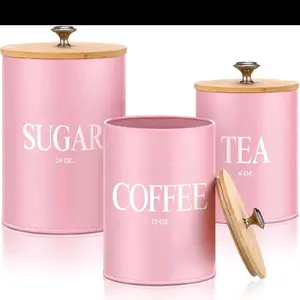 3 Pack Pink Kitchen Canister Set Metal Tea Coffee Sugar Jar Container with Bamboo Airtight Lids Food Storage Containers for Bar Counter Farmhouse Kitchen Decor 6, 12, 24 oz