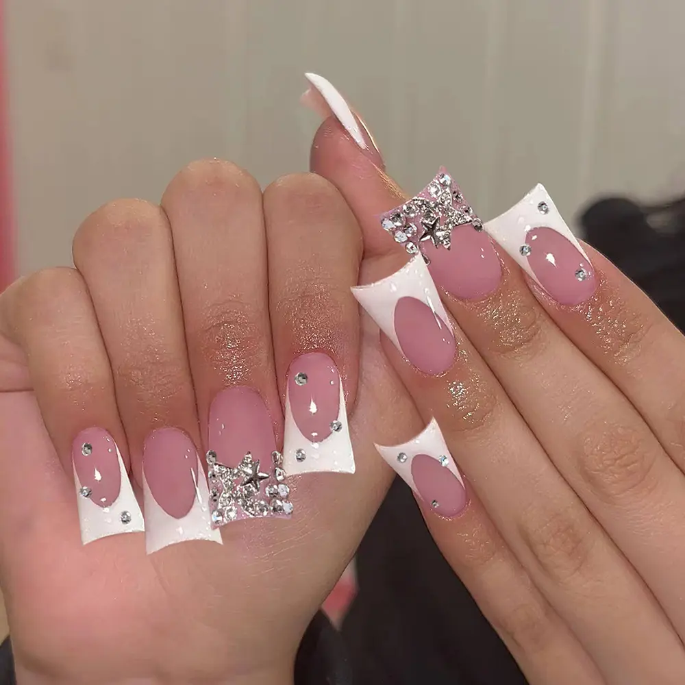 24pcs Duck Foot Shape False Nails, Decorative Nails, French Sparkling Rhinestones Star Design Nail Art Stickers Removable Artificial Nails for Beginners Women Party Daily Use Glittering Fake Nails Glittering DIY Nail Art Rhinestone Decorated