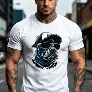 Retro Hip Hop Pitbull In Hoodie And Cap T Shirt Cool Streetwear Graphic Tee For Animal Lovers Casual Top With Tattooed Arms And Gold Print
