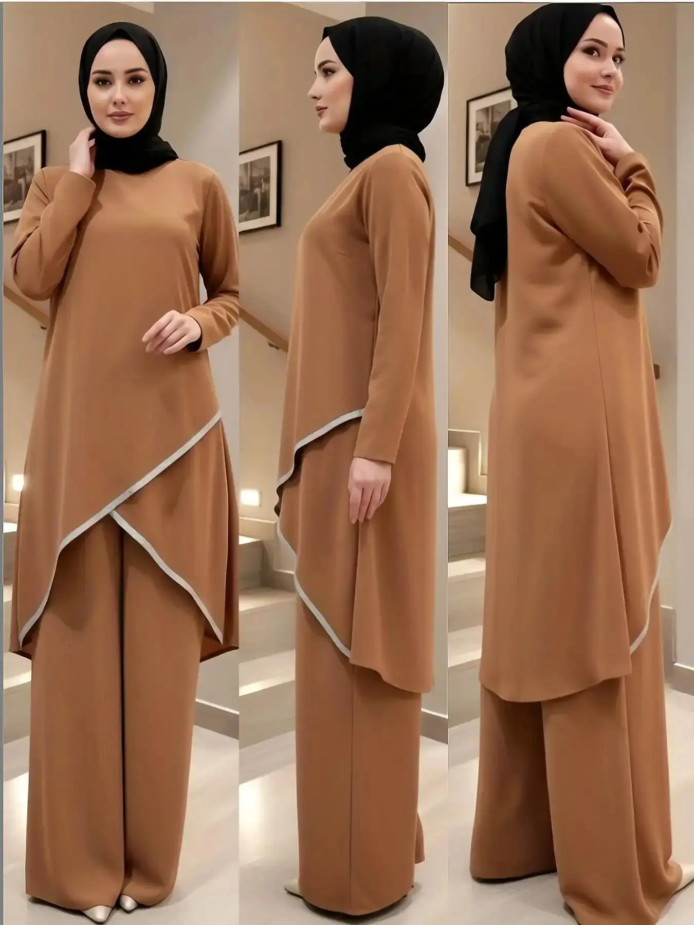 Women's Vibrant Elegant Loose-Fitting Maxi Two-Piece Set, Abaya Set, Fashion Muslim Set, Round Neck Long Sleeve Top & Solid Color Pants, Fashionable Ethnic Style Set Outfit, effortless layering, chic everyday