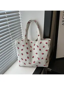 Cute Strawberry Print Handbag Corduroy Multifunctional Women's Crossbody Bag with Multiple Compartments Beach School Work Daily Use Teen Student Bookbag Travel Bag for Girls