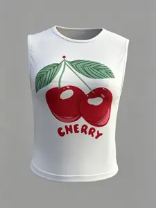 Women's Summer New Tank Top, Cherry Print Design, Casual Fitted Sleeveless Shirt, Plain Pattern, No Collar, Without Button or Zipper, Casual Wear, Womenswear