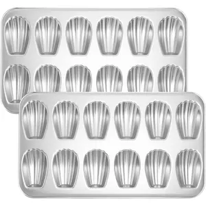 Set of 2 Nonstick 12-Cavity Madeleines Mold Cookie Tray for Baking, Heavy Duty Warp Resistant Cute Shell Shape Cake Pan - Silver