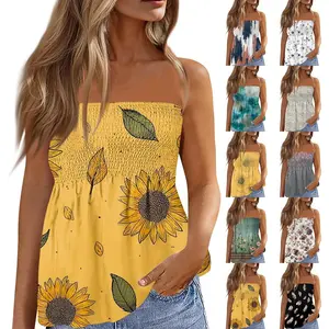 Beauty's WardrobeWomens Tube Tops Summer Floral Strapless Smocked Tank Tops Casual Tunic Blouses Off The Shoulder Boho Bandeau Top