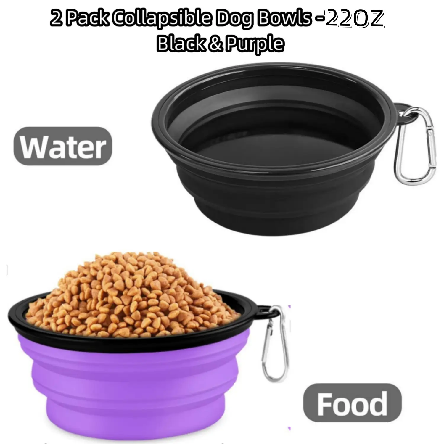 2 Pack 12oz/22oz Foldable Dog Travel Bowls with Clasp, Pet Cat Feeding Cup Dish for Traveling, Walking, Hiking (Black+Purple) collapsible dog bowl