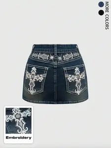 Women's Y2K Vintage Mini Denim Skirt With Pocket,Stretch Skirt,Boho Skirt,Cross & Wing Embroidery,Comfortable and Stylish  Wear