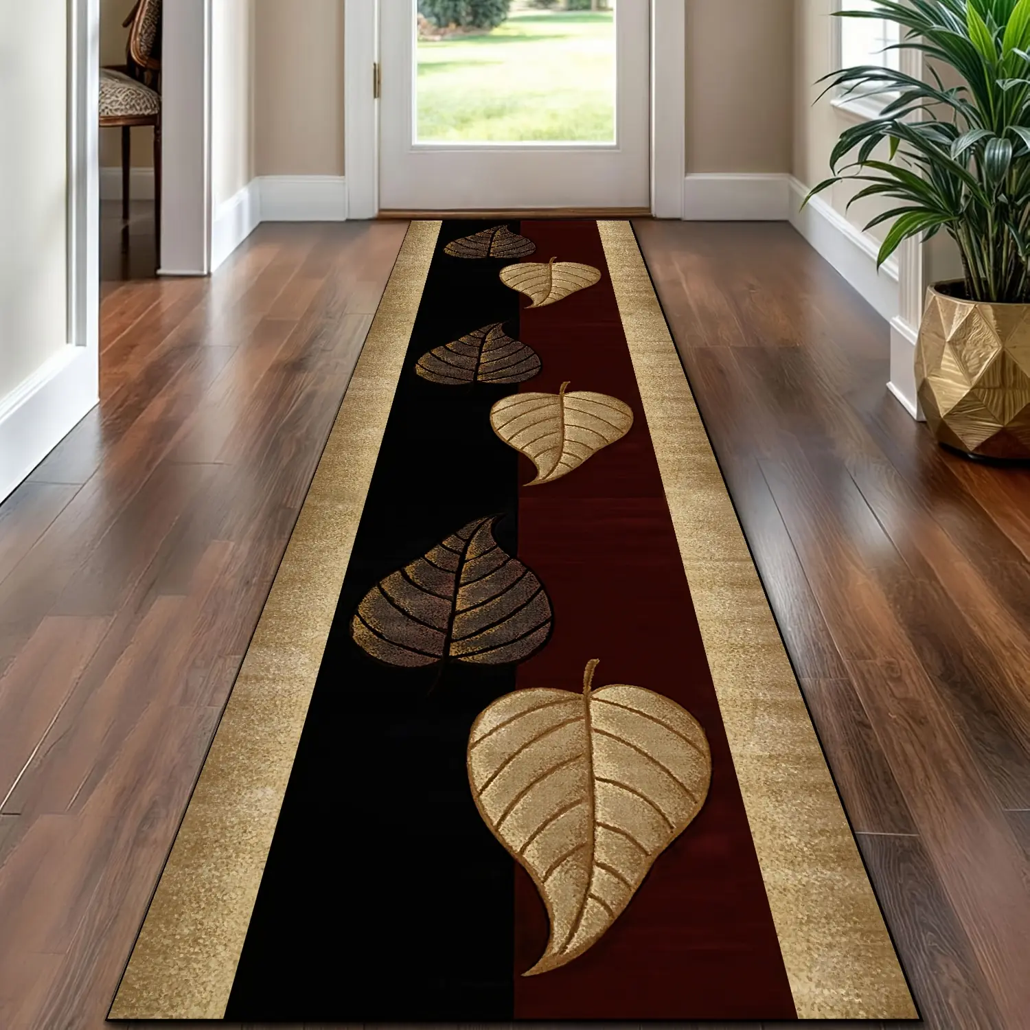 Luxury velvet carpet, leaf pattern design, machine washable, stain-resistant and durable, practical and comfortable, slip-resistant construction. Ideal for hallways, bedrooms, kitchens, and bathrooms. Versatile home decor carpet.