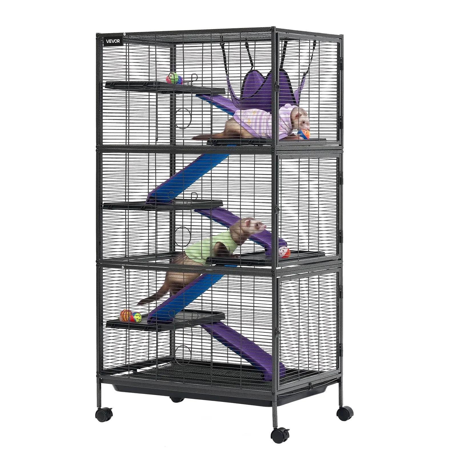 VEVOR Metal Frame Multi-Tiered Small Animal Cage, 58.7"H 6-Tier with Rolling Wheels, 0.55" Wire Spacing Spacious Room Cage w/Hammock, Ramps, Tray, Doors for Ferrets, Chinchillas#SohoChic