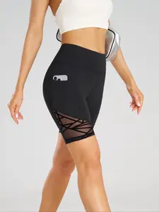 Women's Striped Print Pocket Design Gym Shorts, Breathable Comfortable High Stretch Yoga Shorts, Ladies Sportswear for Indoor Outdoor Wear, Hollow Out Shorts