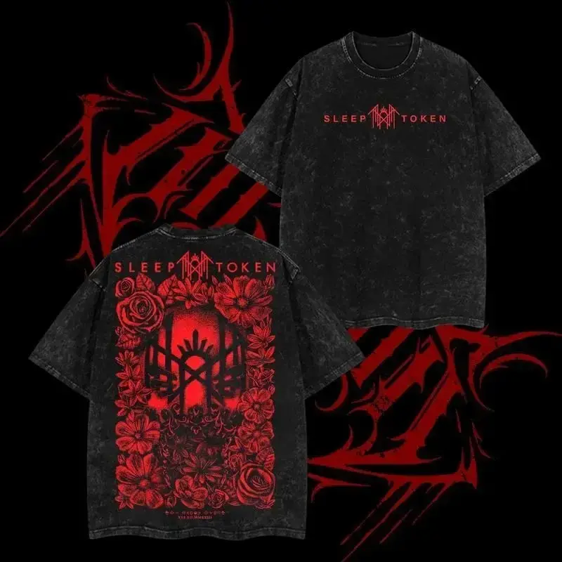 Retro Limited Sleep Token "Face and Rose" Heavy Metal Washed Tee, Gift for Rock Music Lovers, Gift for Fan, Unisex Oversized Wash Heavy Cotton T-Shirt, Sleep Token Merch Sleep Token Face & Rose Vintage Washed Tee, Heavy Metal Oversized Unisex Cotton Top