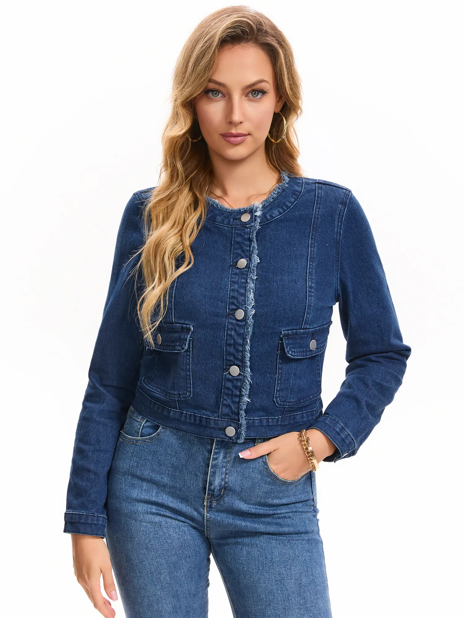 INSPIRE CHIC Women's Collarless Denim Jacket Frayed Edge Long Sleeve Button Front Cropped Jean Jackets