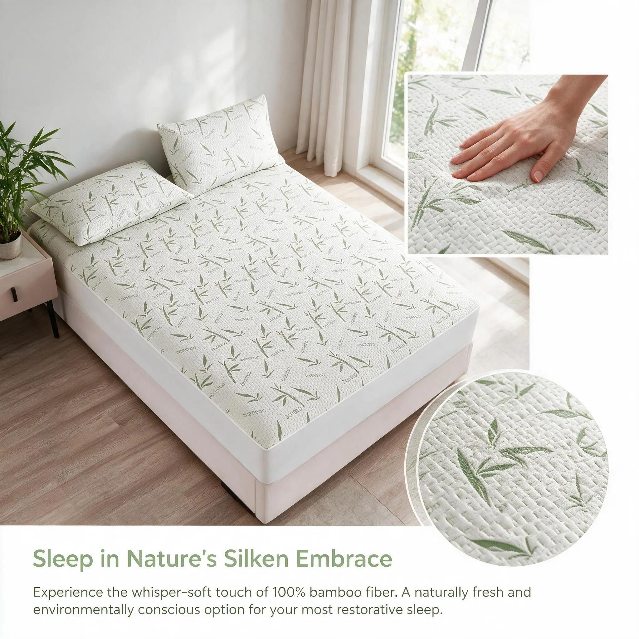 100% Bamboo Waterproof Fitted Sheet Mattress Protector - 12" Deep Pocket, Cooling Breathable Leak-Proof Nature-Inspired Green Leaf Print Bed Pad, Soft Silky Wrinkle-Resistant, 360° Elastic Hypoallergenic Reusable Bed Pad Fitted Sheet, Reusable Bed Pad Fit