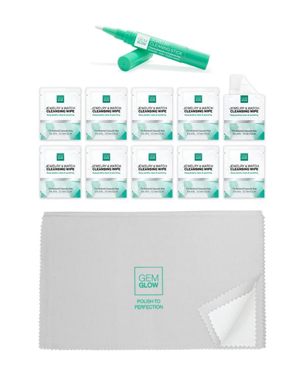 GEM GLOW On-The-Go Jewelry Cleaner Kit with 3 Products 10 Wipes & Gold Silver Polishing Cloth TSA-Friendly Travel-Friendly Jewelry Cleaning Stick
