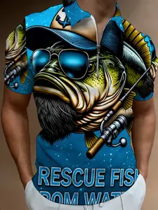 3D Fishing Pattern, Men's Summer Casual Printed Top, Outdoor Fishing Theme Polo Shirt