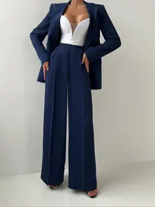 Women's Solid Double Button Lapel Neck Blazer & Pocket Long Length Trousers Two-piece Suit Set, Elegant Fashion Casual Two Piece Outfits for Work Office Business, Going Out Outfits, Ladies Fall & Winter Clothes