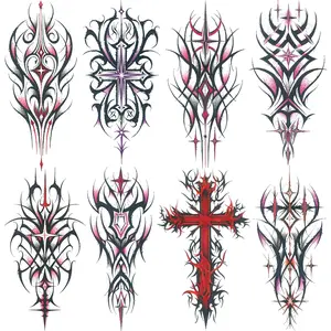 8 Pcs Colorful Cross Totem Temporary Tattoo Stickers, Waterproof Body Art Half Arm Fake Tattoos, Thorn Cross Pattern, Unisex Daily Wear