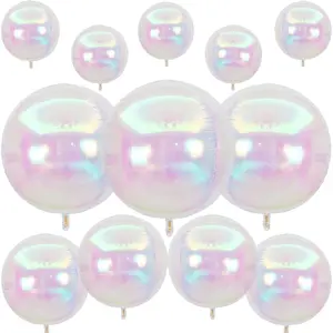 12Pcs Iridescent Round Foil Balloons, 22" 15" 10" 4D Clear Ball Balloon, Holographic Balloons for Birthday Wedding Folding Rainbow Under The Sea Mermaid Party decoration