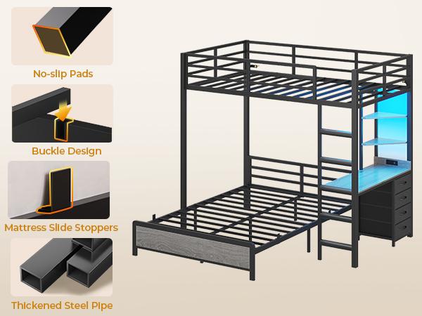 ADORNEVE Twin Over Full Bunk Bed with Desk and Charging Station LED Bunk Beds with Storage Drawers and Shelves Loft Bed with Safety Guardrail Ladder Rgb Led Lights Vertical Sleep Solution