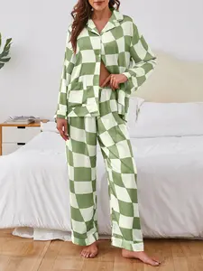 Womens Plaid Printed Pajamas Set for Women Long Sleeve Button Down Silk Satin Pjs Set Two Piece Grid Sleepwear