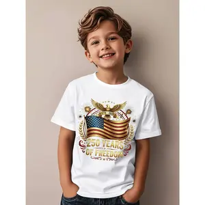 1pc Independence Day Kids' Eagle Flag Freedom Print White TShirt, Crew Neck, Casual Cotton Tee, Medium Stretch Knit Fabric, Regular Fit for Boys& Girls Children, Alphabet Pattern, for Spring/Summer/Fall Independence Day/Labor Day/Memorial Day