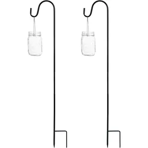 2 Sets Hanging Mason Jars with Hanger Handles Shepherds Hooks 16 oz Hanging Grass Jar Candle Holder for Outdoor Christmas Wedding Aisle Decoration
