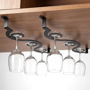 2 Pack Black Under Cabinet Wine Glass Rack Stemware Holder - 15.35 Inch Glass Storage Hanger Organizer for Home Kitchen and Bar