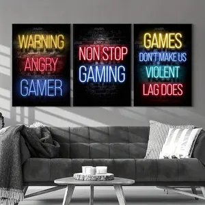 3pcs/set Neon Gaming Gamer Wall Art Posters Prints Gamer Canvas Painting Canvas Picture for Kids Boys Room Decorative Playroom Cuadros Wall Art Decoration