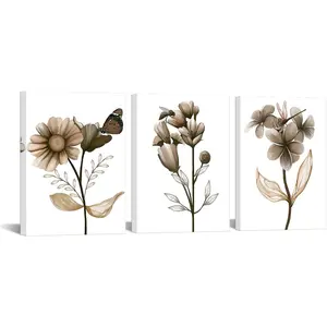 3 Pcs Flower Canvas Wall Art Brown Floral Painting Art Prints Transparent Floral With Butterfly Picture Artwork Modern Bedroom Bathroom Decor Framed Ready To Hang