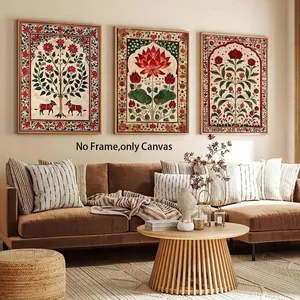 Indian Folk Art Pattern Unframed Painting, 3 Counts/set Canvas Wall Art Poster, Floral Boho Print, Wall Art Decor for Home Living Room Bedroom
