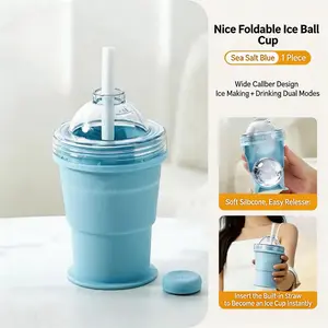 Portable Foldable Ice Ball Cup with Straw – Silicone, Food-Grade Ice Maker Mold, Summer On-the-Go Tumbler